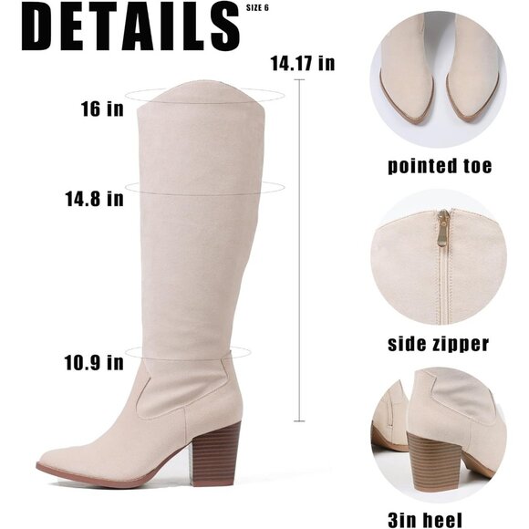 Womens Suede Beige Side Zipper Knee High Pointed Toe Chunky Heel Tall Boots - Picture 6 of 6